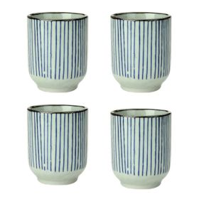 4Pcs Japanese Style Blue Stripe Ceramic Teacups Small Straight Wine Glass 150ML