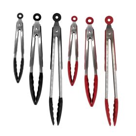 3Pcs Tongs With Silicon Tip Household Kitchen Utensil Stainless Steel High Heat Resistant Locking BBQ Cooking Accessories Baking (Color: Red)